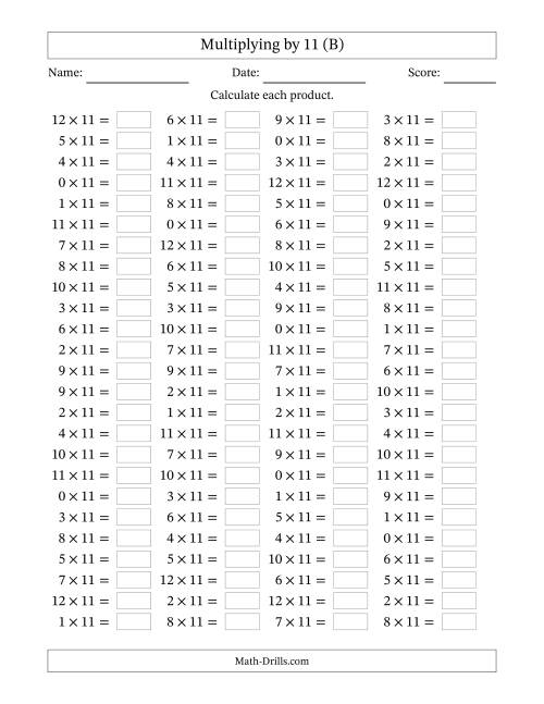 The Horizontally Arranged Multiplying (0 to 12) by 11 (100 Questions) (B) Math Worksheet