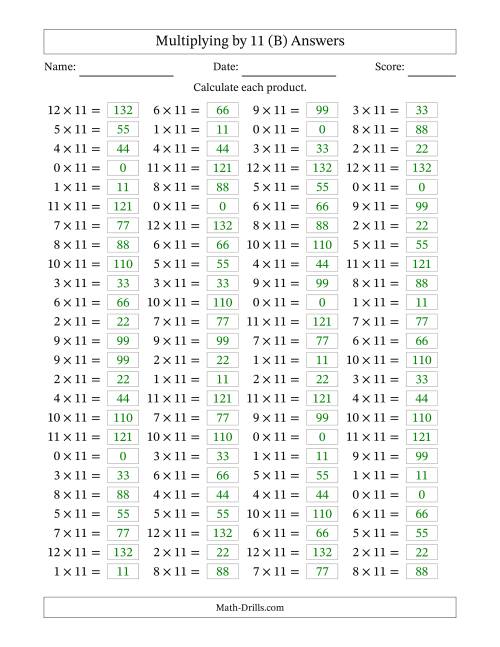 The Horizontally Arranged Multiplying (0 to 12) by 11 (100 Questions) (B) Math Worksheet Page 2
