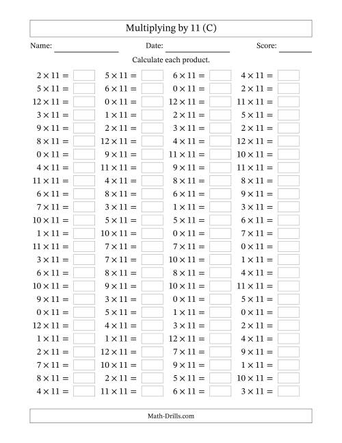 The Horizontally Arranged Multiplying (0 to 12) by 11 (100 Questions) (C) Math Worksheet