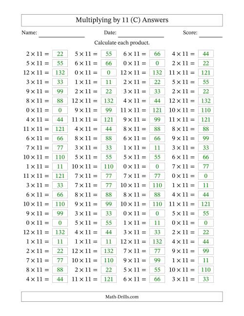 The Horizontally Arranged Multiplying (0 to 12) by 11 (100 Questions) (C) Math Worksheet Page 2