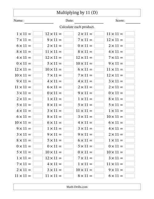 The Horizontally Arranged Multiplying (0 to 12) by 11 (100 Questions) (D) Math Worksheet