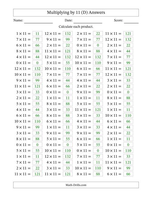 The Horizontally Arranged Multiplying (0 to 12) by 11 (100 Questions) (D) Math Worksheet Page 2