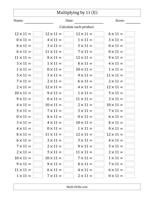 The Horizontally Arranged Multiplying (0 to 12) by 11 (100 Questions) (E) Math Worksheet