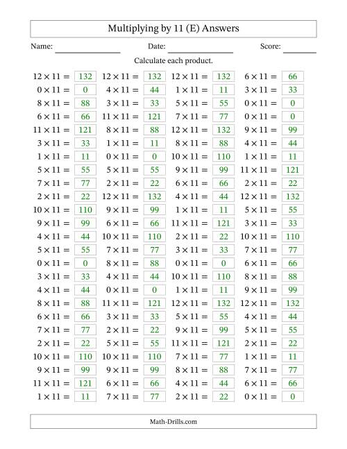 The Horizontally Arranged Multiplying (0 to 12) by 11 (100 Questions) (E) Math Worksheet Page 2