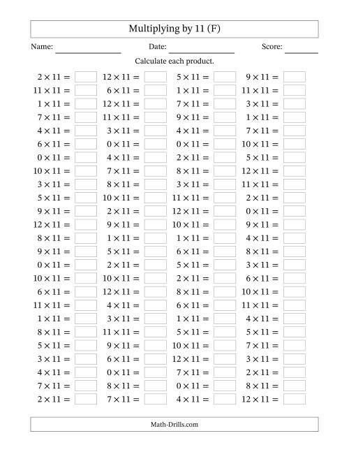 The Horizontally Arranged Multiplying (0 to 12) by 11 (100 Questions) (F) Math Worksheet