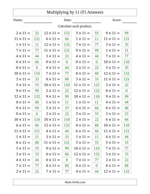 The Horizontally Arranged Multiplying (0 to 12) by 11 (100 Questions) (F) Math Worksheet Page 2