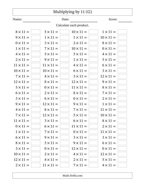 The Horizontally Arranged Multiplying (0 to 12) by 11 (100 Questions) (G) Math Worksheet