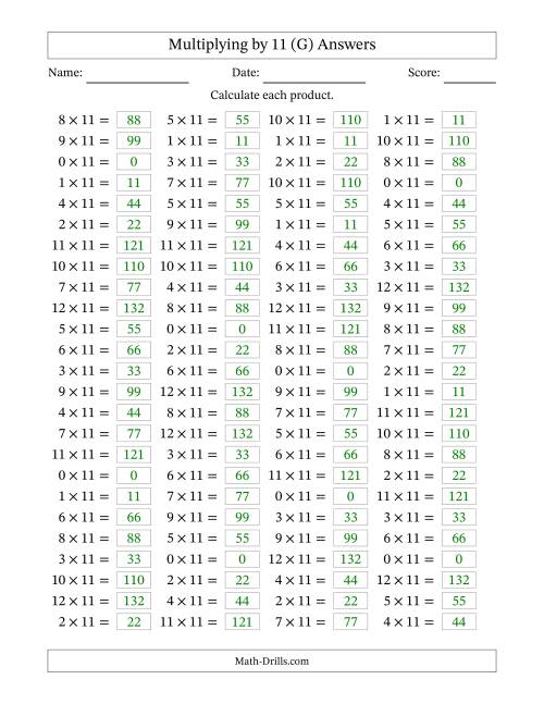 The Horizontally Arranged Multiplying (0 to 12) by 11 (100 Questions) (G) Math Worksheet Page 2