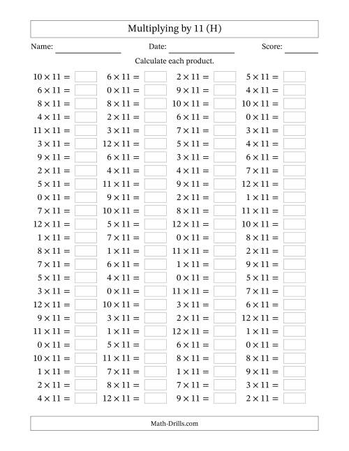 The Horizontally Arranged Multiplying (0 to 12) by 11 (100 Questions) (H) Math Worksheet
