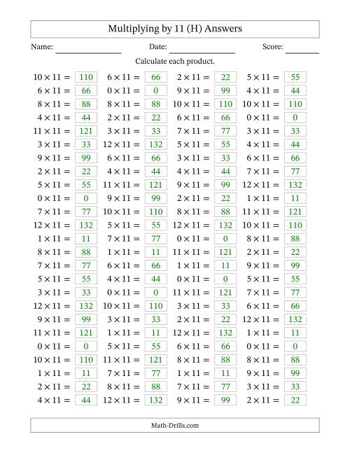The Horizontally Arranged Multiplying (0 to 12) by 11 (100 Questions) (H) Math Worksheet Page 2