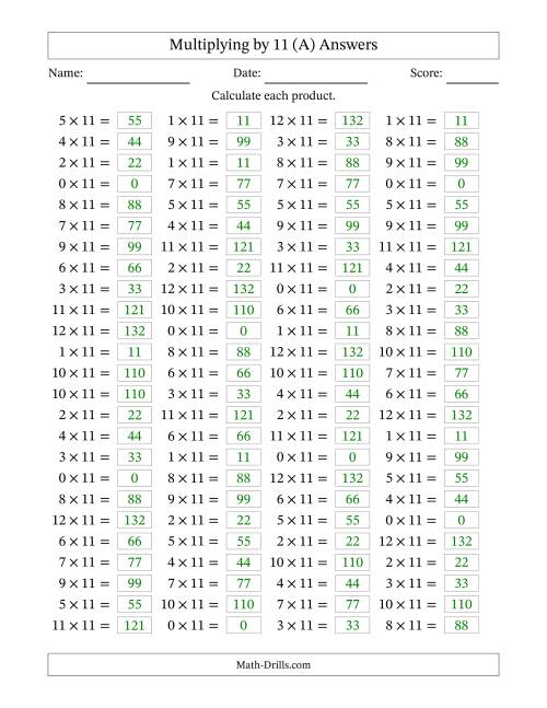 The Horizontally Arranged Multiplying (0 to 12) by 11 (100 Questions) (All) Math Worksheet Page 2