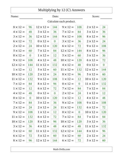 The Horizontally Arranged Multiplying (0 to 12) by 12 (100 Questions) (C) Math Worksheet Page 2