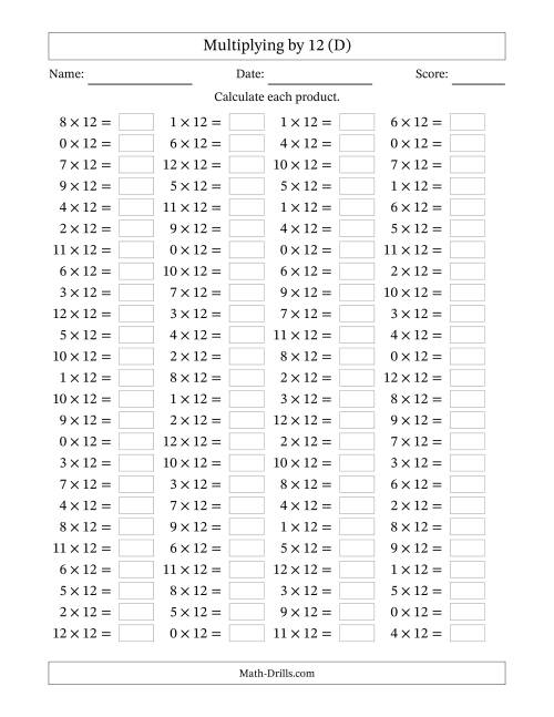 The Horizontally Arranged Multiplying (0 to 12) by 12 (100 Questions) (D) Math Worksheet