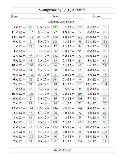 The Horizontally Arranged Multiplying (0 to 12) by 12 (100 Questions) (F) Math Worksheet Page 2