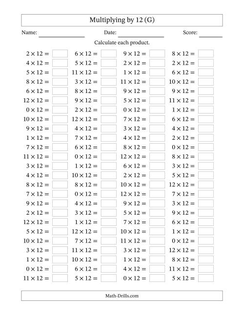 The Horizontally Arranged Multiplying (0 to 12) by 12 (100 Questions) (G) Math Worksheet