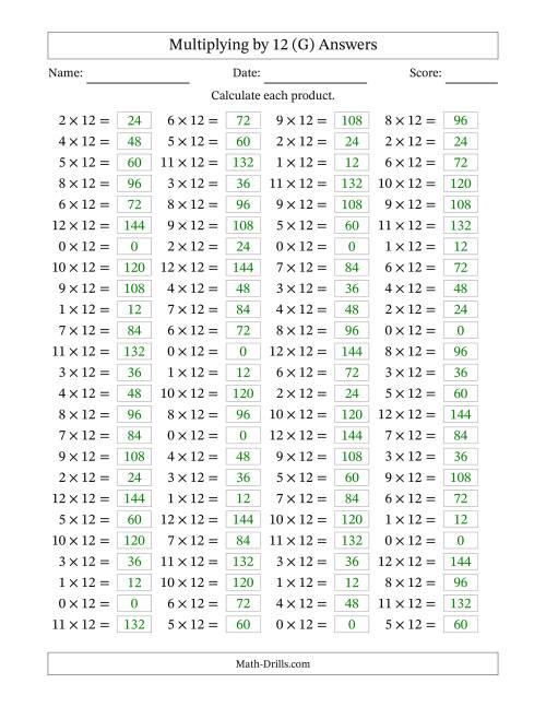 The Horizontally Arranged Multiplying (0 to 12) by 12 (100 Questions) (G) Math Worksheet Page 2