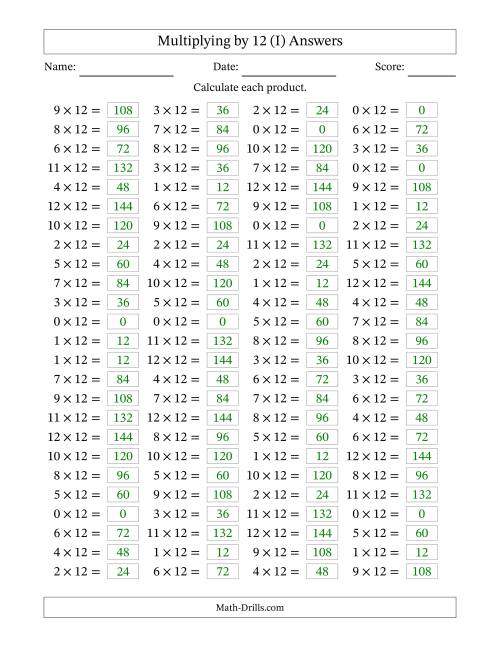 The Horizontally Arranged Multiplying (0 to 12) by 12 (100 Questions) (I) Math Worksheet Page 2