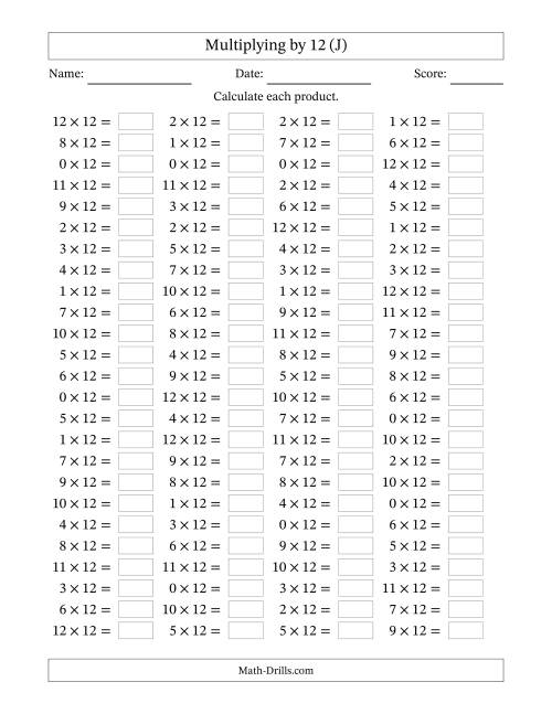The Horizontally Arranged Multiplying (0 to 12) by 12 (100 Questions) (J) Math Worksheet