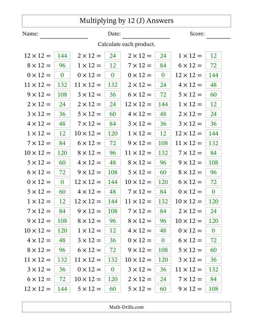 The Horizontally Arranged Multiplying (0 to 12) by 12 (100 Questions) (J) Math Worksheet Page 2