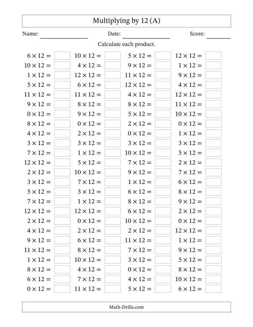 The Horizontally Arranged Multiplying (0 to 12) by 12 (100 Questions) (All) Math Worksheet