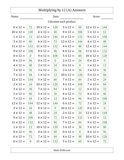 The Horizontally Arranged Multiplying (0 to 12) by 12 (100 Questions) (All) Math Worksheet Page 2