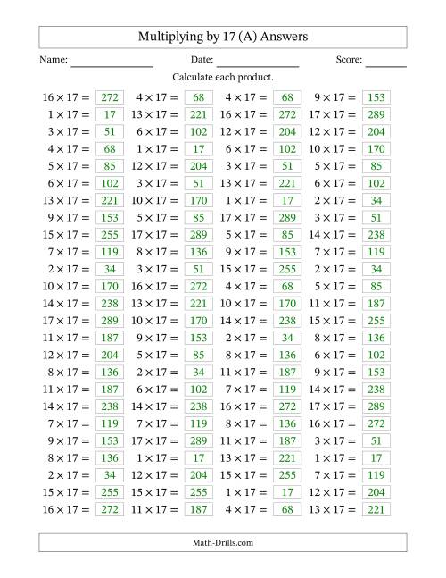The Horizontally Arranged Multiplying (1 to 17) by 17 (100 Questions) (A) Math Worksheet Page 2