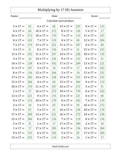 The Horizontally Arranged Multiplying (1 to 17) by 17 (100 Questions) (B) Math Worksheet Page 2