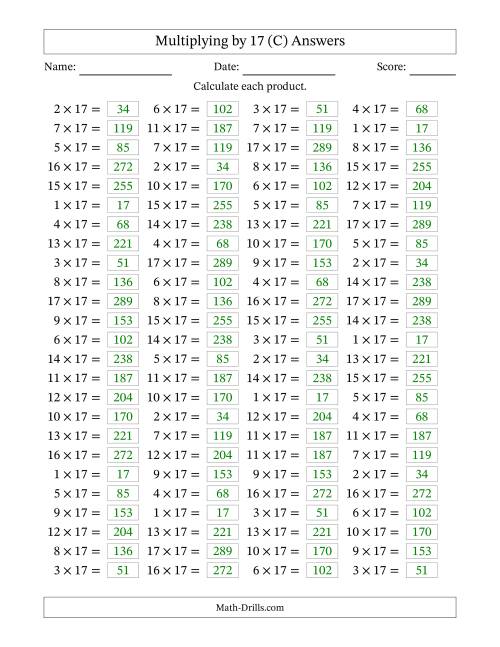 The Horizontally Arranged Multiplying (1 to 17) by 17 (100 Questions) (C) Math Worksheet Page 2