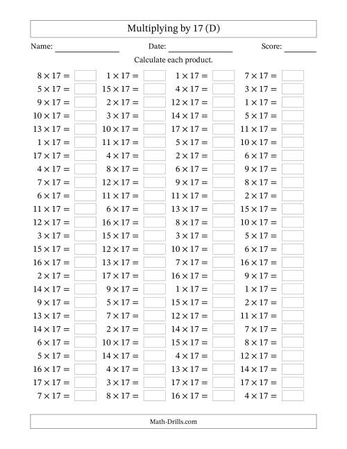 The Horizontally Arranged Multiplying (1 to 17) by 17 (100 Questions) (D) Math Worksheet