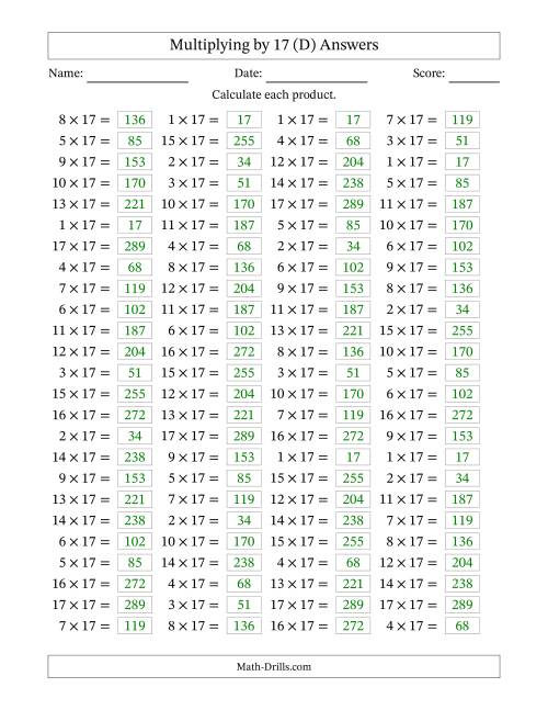 The Horizontally Arranged Multiplying (1 to 17) by 17 (100 Questions) (D) Math Worksheet Page 2
