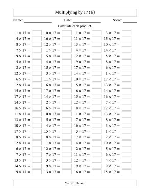 The Horizontally Arranged Multiplying (1 to 17) by 17 (100 Questions) (E) Math Worksheet