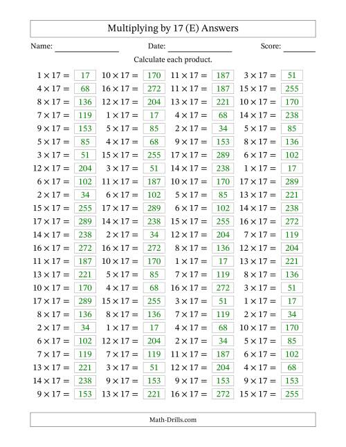 The Horizontally Arranged Multiplying (1 to 17) by 17 (100 Questions) (E) Math Worksheet Page 2