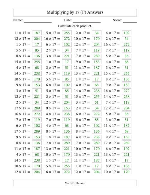 The Horizontally Arranged Multiplying (1 to 17) by 17 (100 Questions) (F) Math Worksheet Page 2