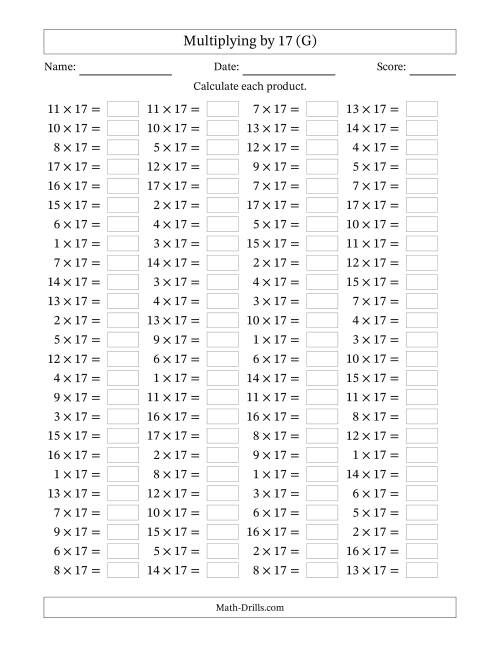 The Horizontally Arranged Multiplying (1 to 17) by 17 (100 Questions) (G) Math Worksheet