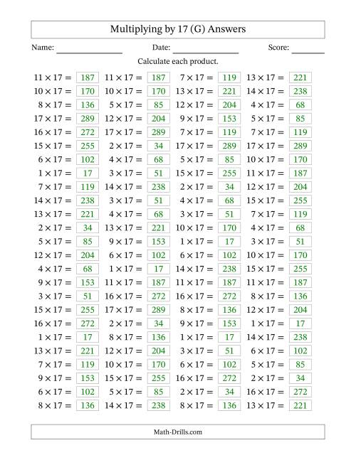 The Horizontally Arranged Multiplying (1 to 17) by 17 (100 Questions) (G) Math Worksheet Page 2