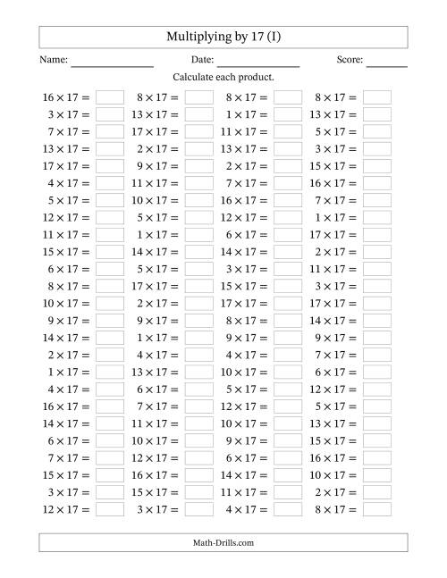 The Horizontally Arranged Multiplying (1 to 17) by 17 (100 Questions) (I) Math Worksheet