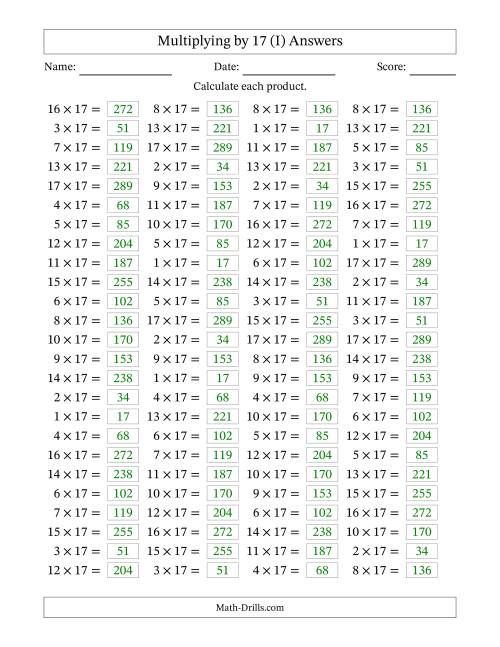 The Horizontally Arranged Multiplying (1 to 17) by 17 (100 Questions) (I) Math Worksheet Page 2