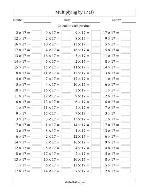 The Horizontally Arranged Multiplying (1 to 17) by 17 (100 Questions) (J) Math Worksheet