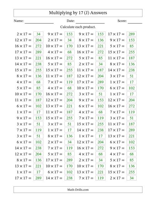 The Horizontally Arranged Multiplying (1 to 17) by 17 (100 Questions) (J) Math Worksheet Page 2