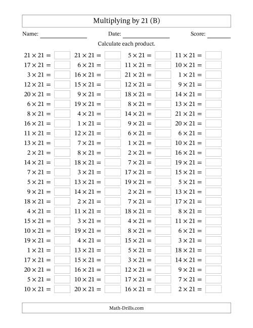 The Horizontally Arranged Multiplying (1 to 21) by 21 (100 Questions) (B) Math Worksheet