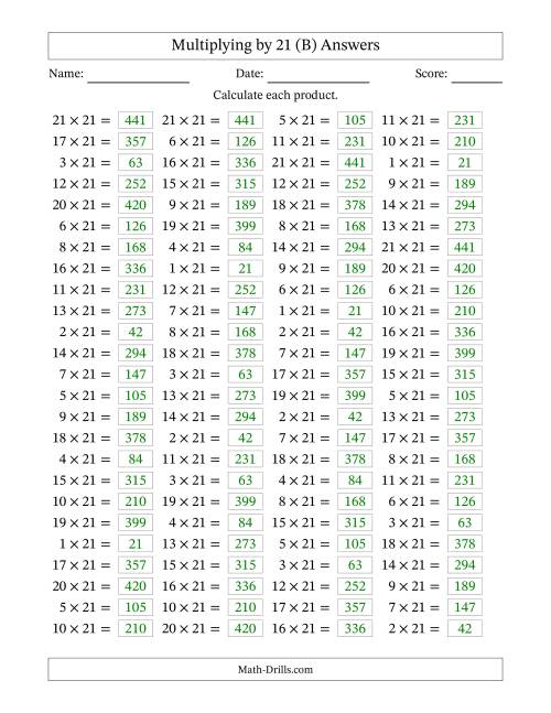 The Horizontally Arranged Multiplying (1 to 21) by 21 (100 Questions) (B) Math Worksheet Page 2
