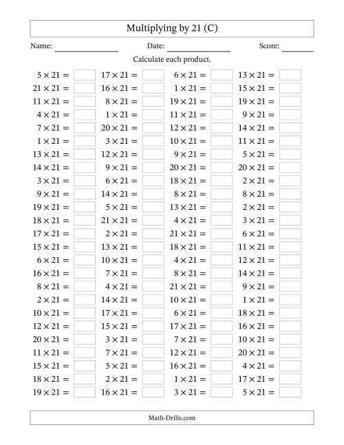 The Horizontally Arranged Multiplying (1 to 21) by 21 (100 Questions) (C) Math Worksheet