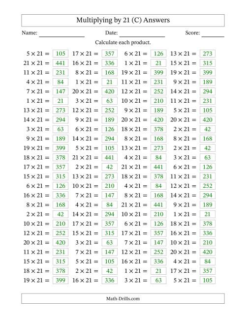 The Horizontally Arranged Multiplying (1 to 21) by 21 (100 Questions) (C) Math Worksheet Page 2