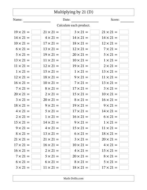The Horizontally Arranged Multiplying (1 to 21) by 21 (100 Questions) (D) Math Worksheet
