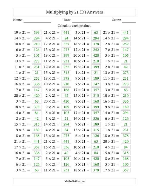 The Horizontally Arranged Multiplying (1 to 21) by 21 (100 Questions) (D) Math Worksheet Page 2
