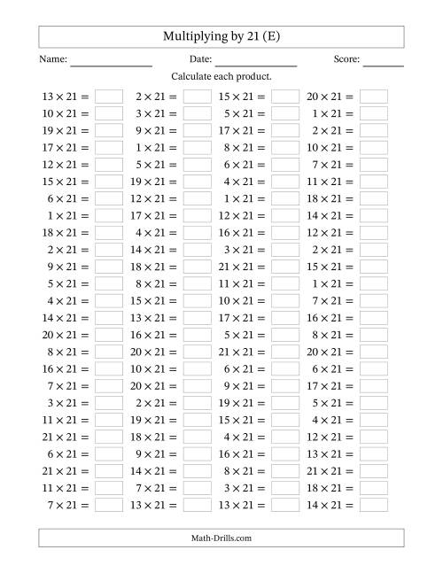 The Horizontally Arranged Multiplying (1 to 21) by 21 (100 Questions) (E) Math Worksheet