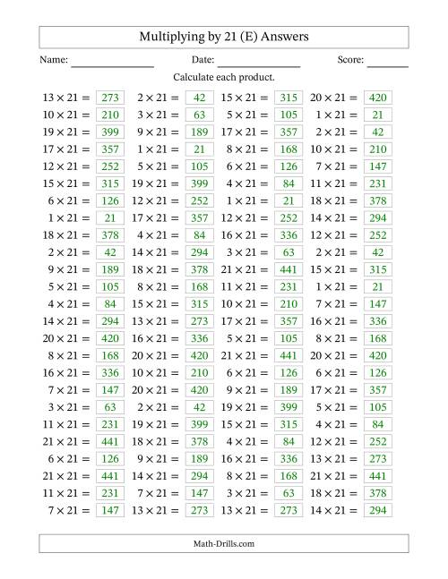 The Horizontally Arranged Multiplying (1 to 21) by 21 (100 Questions) (E) Math Worksheet Page 2