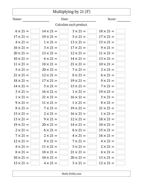The Horizontally Arranged Multiplying (1 to 21) by 21 (100 Questions) (F) Math Worksheet