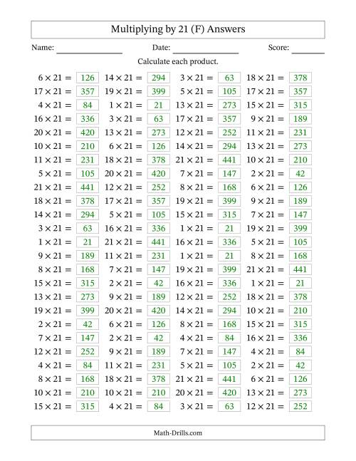 The Horizontally Arranged Multiplying (1 to 21) by 21 (100 Questions) (F) Math Worksheet Page 2