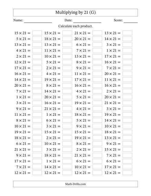 The Horizontally Arranged Multiplying (1 to 21) by 21 (100 Questions) (G) Math Worksheet
